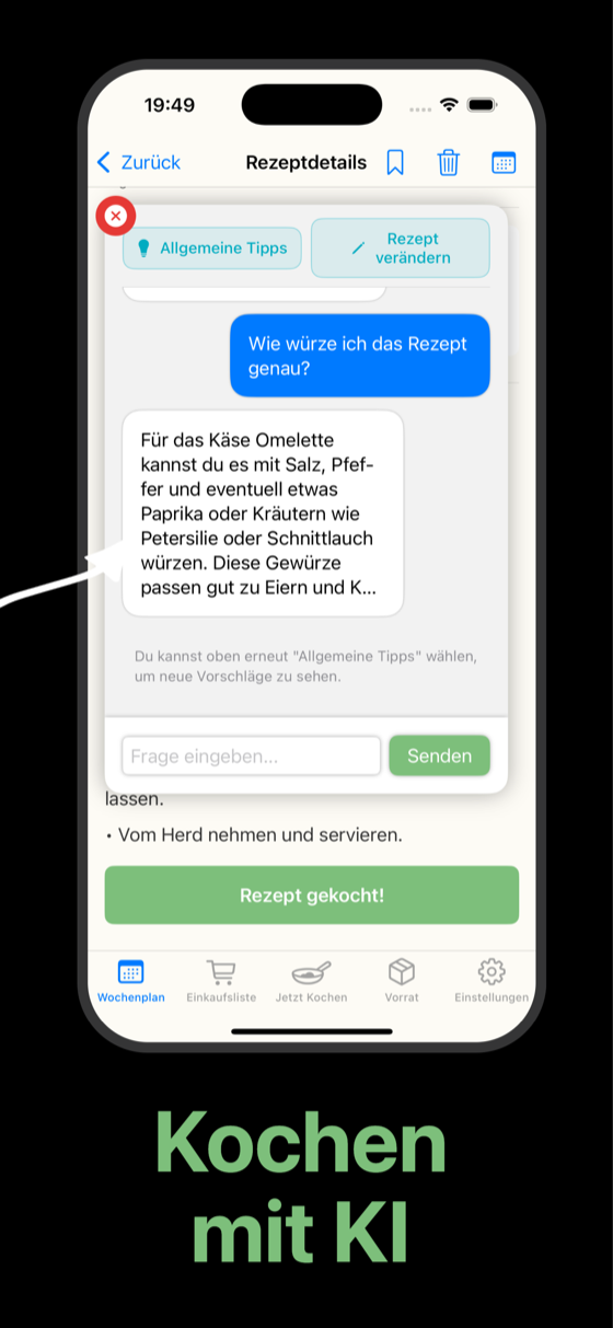 Bildschirmfoto: die Rezeptdetails, in denen die KI auf die Frage antwortet, wie das Gericht zu würzen ist.