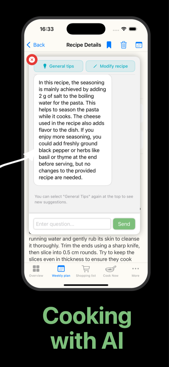 Screenshot: the recipe detail view, where the AI assistant answers a question about how to season the dish.